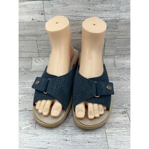 FLY FLOT Women Navy Blue Leather Perforated Slide Sandals‎ Comfort Sz EU 39 US 8